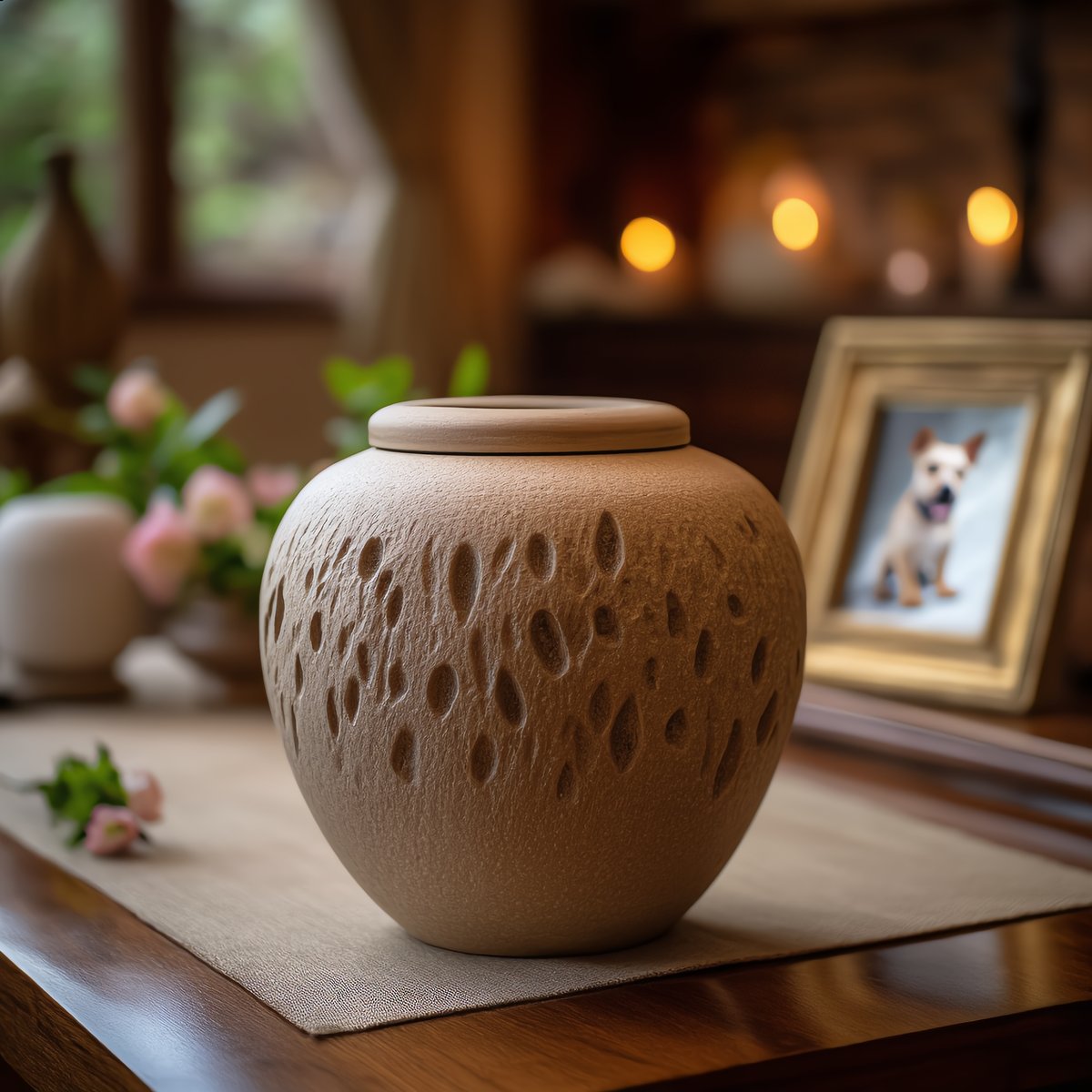 Wooden pet urn with dog engraving